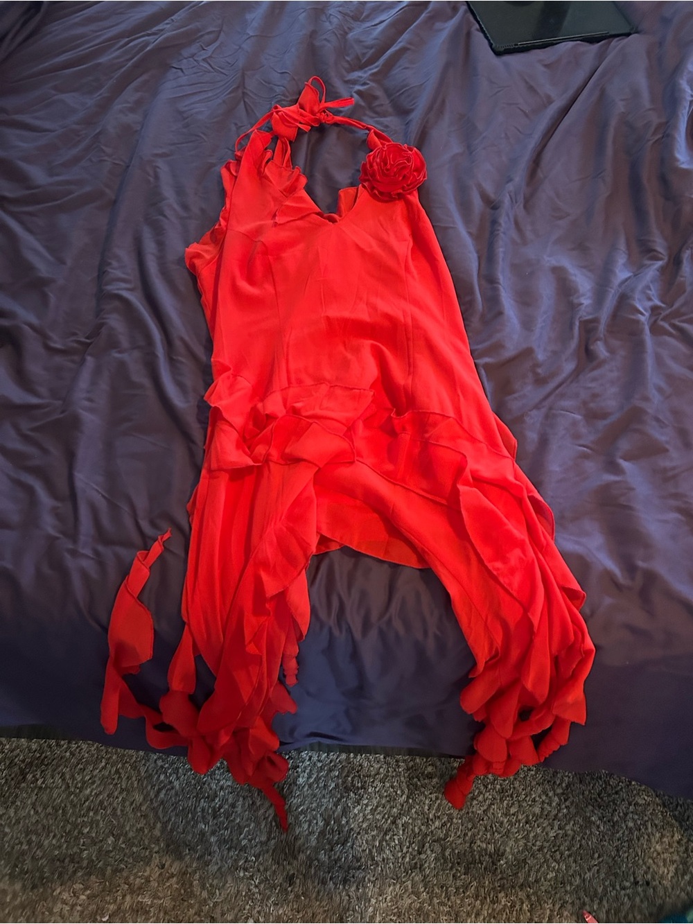 Fashion Nova Red Asymmetrical Halter Ruffle Dress with Floral Accent